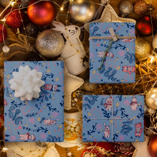 Feuille De Papier Cadeau Funny Woodland Friends Blue Winter Forest Pattern