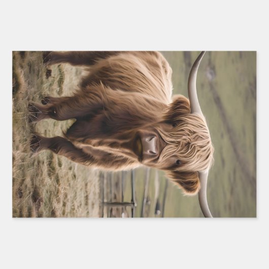 Feuille De Papier Cadeau **"Furry Majesty : The Woolly Brown Highland Cow"* (Devant)
