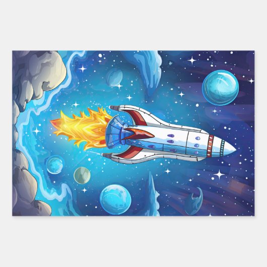 Feuille De Papier Cadeau Galaxy Astronaut Navette spatiale Rocketship Anniv (Devant 2)