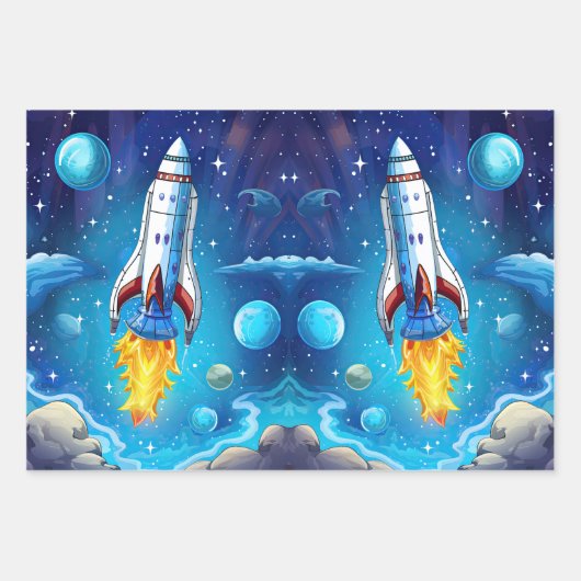 Feuille De Papier Cadeau Galaxy Astronaut Navette spatiale Rocketship Anniv (Devant 3)