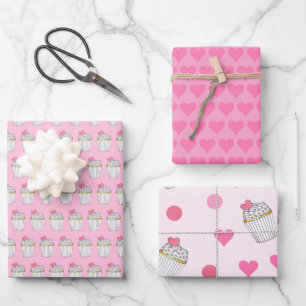 Feuille De Papier Cadeau Gâteau Cupcake Frosting Cœur Rose Points à pois