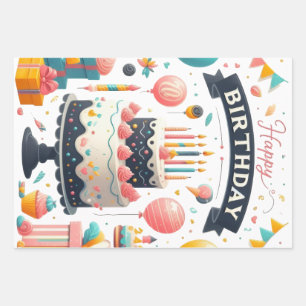 Feuille De Papier Cadeau Gâteau d'anniversaire joyeux et ballons