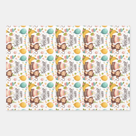 Feuille De Papier Cadeau Gâteau d'anniversaire joyeux singe mignon (Devant)