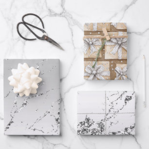 Feuille De Papier Cadeau Gâteau Glitzy Argent Blanc Ruban Anniversaire