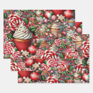Feuille De Papier Cadeau Gâteaux de Noël amusants Canes à rayures rouges