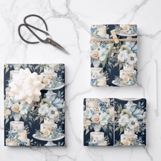 Feuille De Papier Cadeau Gâteaux Et Fleurs De Mariage Élégants (Recto)