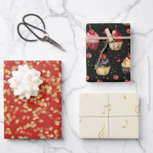 Feuille De Papier Cadeau Gâteaux rouges or et noirs notes de musique Shower