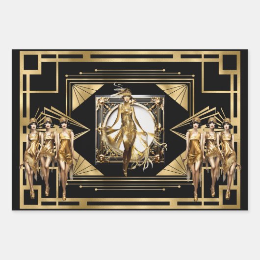 Feuille De Papier Cadeau Gatsby or Flappers noir retro 1920's decoupage (Devant 3)
