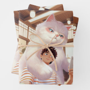 Feuille De Papier Cadeau Géant Fluffy : Selfie de chat blanc au café rétro