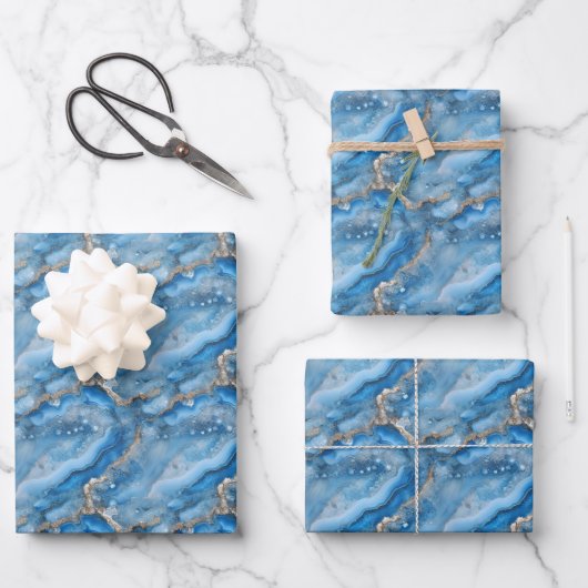 Feuille De Papier Cadeau Géode Bleu & Or (Recto)