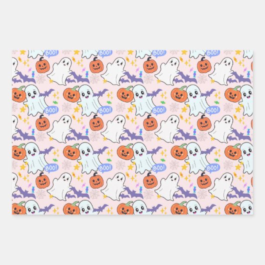 Feuille De Papier Cadeau Ghosts mignons avec Halloween Citrouille (Devant)