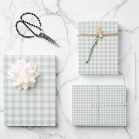 Feuille De Papier Cadeau Gingham Classique Printemps | Sauge Atténué (Recto)