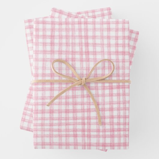 Feuille De Papier Cadeau Gingham Dessiné à la main Moderne Mignon Rose Blan (En situation)