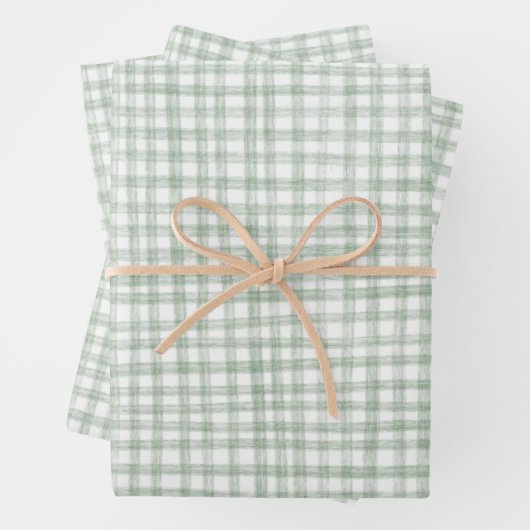 Feuille De Papier Cadeau Gingham Dessiné à la main Moderne Mignon Vert Blan (En situation)