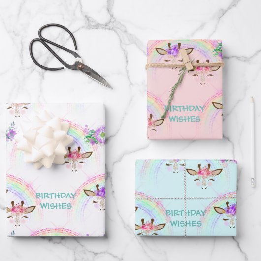 Feuille De Papier Cadeau Giraffe arc-en-ciel face à l'anniversaire (Recto)