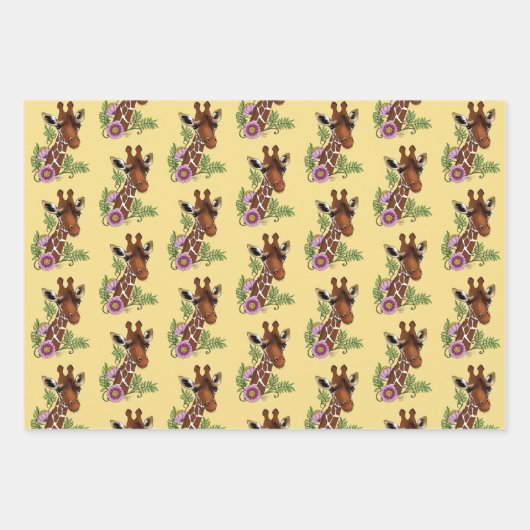 Feuille De Papier Cadeau Giraffe Fleurs de Portrait Jaunes (Devant 3)