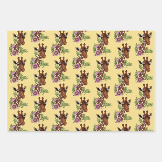 Feuille De Papier Cadeau Giraffe Fleurs de Portrait Jaunes (Devant 2)