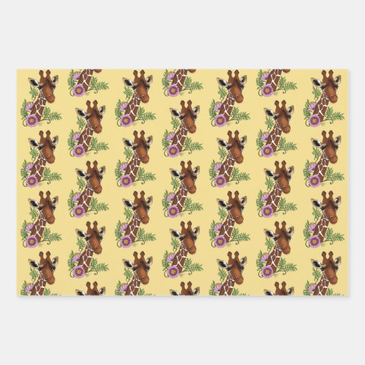 Feuille De Papier Cadeau Giraffe Fleurs de Portrait Jaunes (Devant)