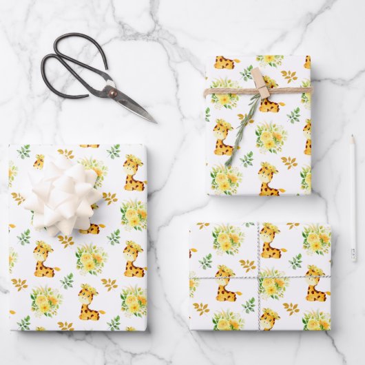 Feuille De Papier Cadeau Giraffe Fleurs Florales Jaunes (Recto)