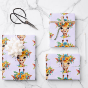 Feuille De Papier Cadeau Giraffe mignonne à la couronne fleurie