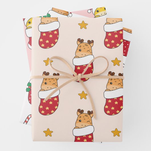 Feuille De Papier Cadeau Giraffe Noël Animaux d'hiver Giraffes (En situation)