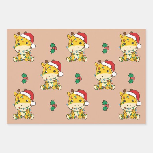 Feuille De Papier Cadeau Giraffe Noël Animaux d'hiver Giraffes (Devant 3)