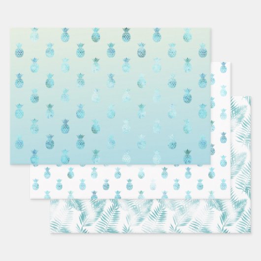 Feuille De Papier Cadeau Girly Aqua Glam Tropical Pineapples Ombre (Lot)