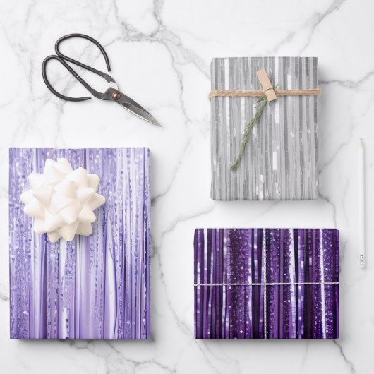 Feuille De Papier Cadeau Girly Lavender Purple Silver Glam Tinsel Stripes (Recto)