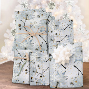 Feuille De Papier Cadeau Glace Grey Winter Holly Berries Golden Snowfall