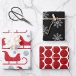 Feuille De Papier Cadeau Glam Christmas Père Noël Sleigh Snowflake Dot Part<br><div class="desc">Cet ensemble branché de trois feuilles de papier d'emballage comporte des motifs de parties scintillant factices uniques, parfaits pour Noël ou pour toute occasion festive. La première feuille présente des silhouettes de traîneau Père Noël en argent et rouge rétro, sur un arrière - plan blanc. Le deuxième est composé de...</div>