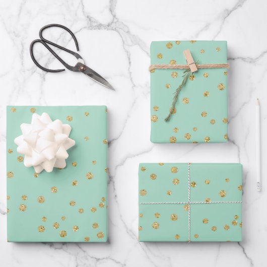 Feuille De Papier Cadeau Glam Mint Green et Pois d'or Motif (Recto)