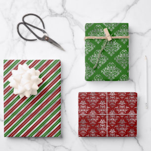 Feuille De Papier Cadeau Glam Noël Rouge Vert Argent Damassé Rayures