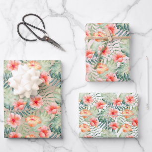 Feuille De Papier Cadeau Glam Tropical Peach Hibiscus Floral    