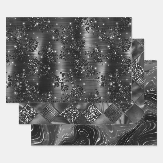 Feuille De Papier Cadeau Glamorous Black & Silver Sparkling Patterns (Lot)