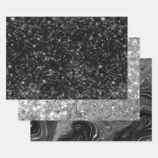 Feuille De Papier Cadeau Glamorous Black & Silver Sparkling Patterns (Lot)
