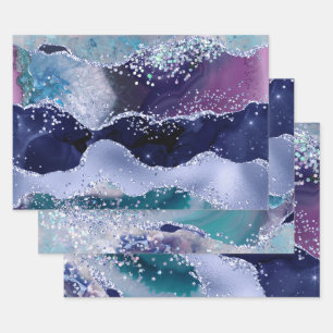 Feuille De Papier Cadeau Glamour Dark & Light Blue Faux Paillet Agate