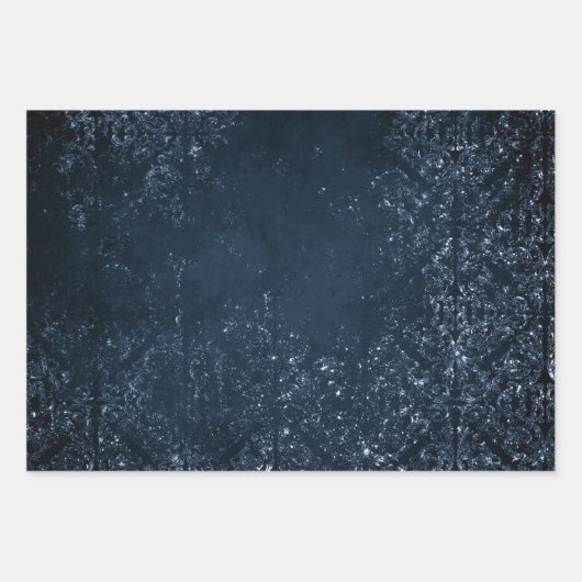 Feuille De Papier Cadeau Glimmery Navy Grunge | Sombre Sapphire bleu Damas (Devant 2)
