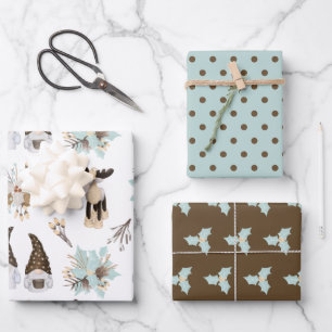 Feuille De Papier Cadeau Gnome Brown et Turquoise Noël