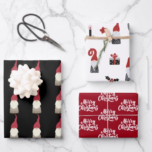 Feuille De Papier Cadeau Gnome mignonne Noir et Rouge Noël (Recto)