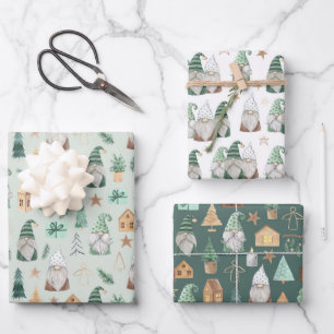 Feuille De Papier Cadeau Gnomes de Noël Blanc Vert Or tendance Whimsical