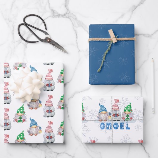 Feuille De Papier Cadeau Gnomes de Noël GNOEL Flocon de neige d'hiver (Recto)