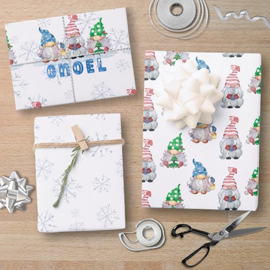 Feuille De Papier Cadeau Gnomes de Noël GNOEL Flocon de neige d'hiver