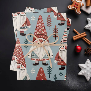 Feuille De Papier Cadeau Gnomes de Noël mignons en rouge et gris