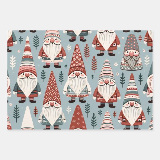 Feuille De Papier Cadeau Gnomes de Noël mignons en rouge et gris (Devant)