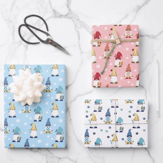 Feuille De Papier Cadeau Gnomes tendance Bleu rose Or Blanc (Recto)