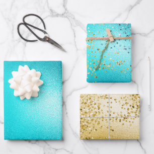 Feuille De Papier Cadeau Gold Aqua Parties scintillant Turquoise étincelle