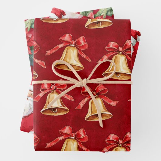 Feuille De Papier Cadeau Gold Bells Père Noël Poinsettia Fleurs Noël (En situation)