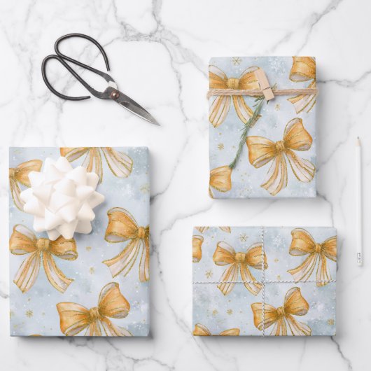 Feuille De Papier Cadeau Gold Bows Baby Blue Christmas (Recto)