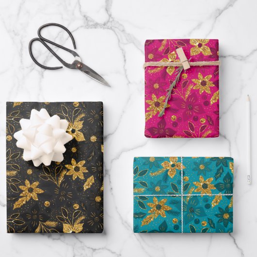 Feuille De Papier Cadeau Gold Christmas Poinsettia Flowers (Recto)