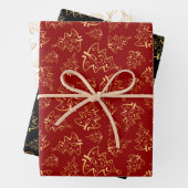 Feuille De Papier Cadeau Gold Christmas Trees on Red, Black, White (En situation)